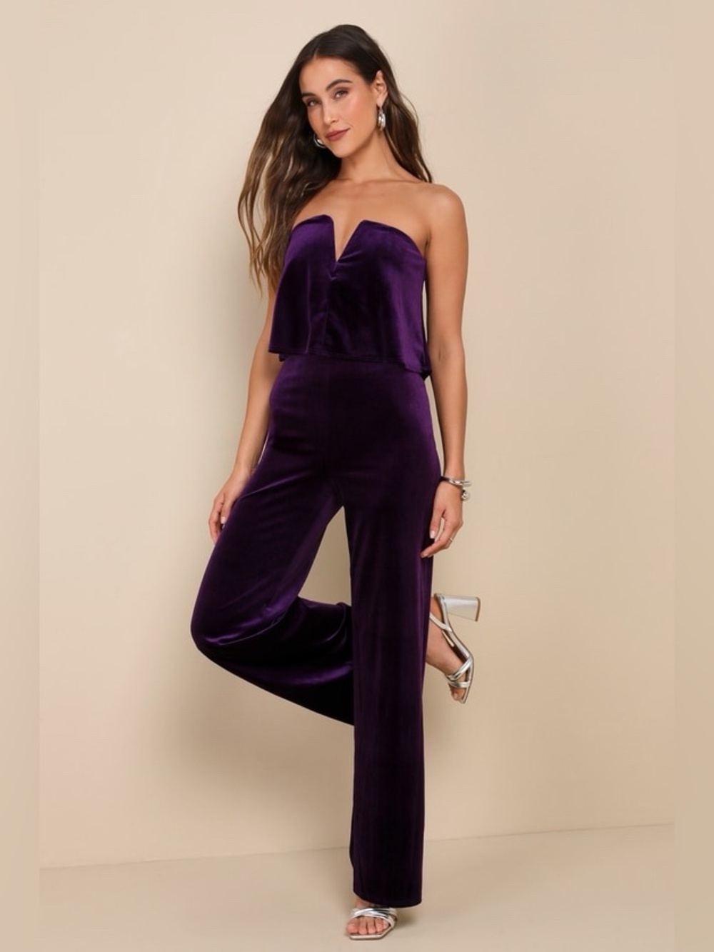 Lulus Power of Love Purple Velvet Strapless Jumpsuit in size Medium